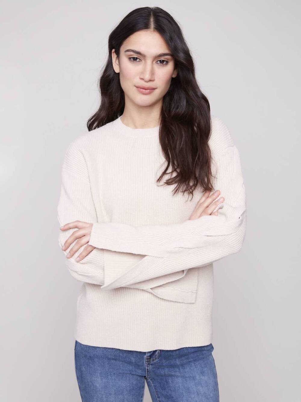 NEW CHARLIE B cable detail crew neck sweater in oat
